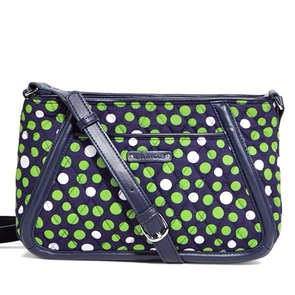 Vera Bradley Handbags - Vera Bradley Small Navy Crossbody Bag with Green and White Lucky Dots NWOT